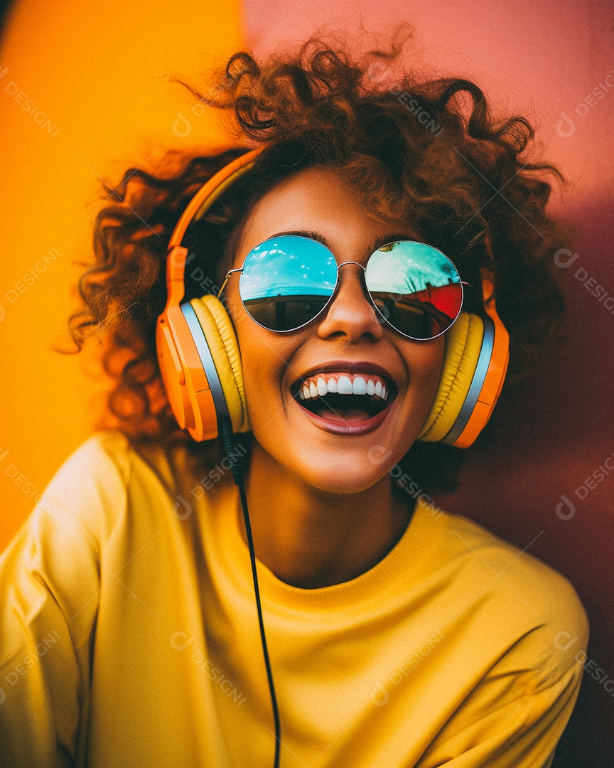 Mulher loira com fones de ouvido posando à noite com o sol