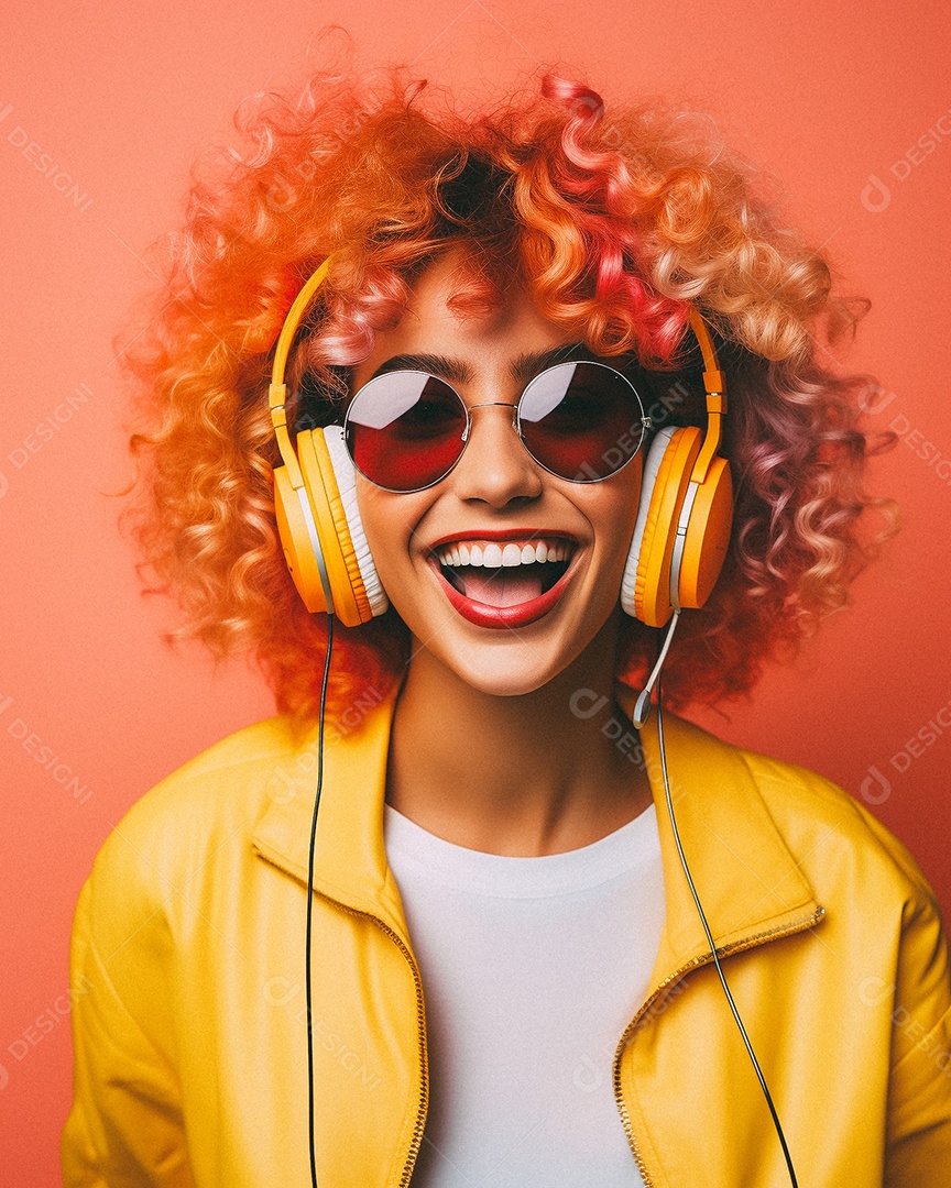 Mulher loira com fones de ouvido posando à noite com o sol