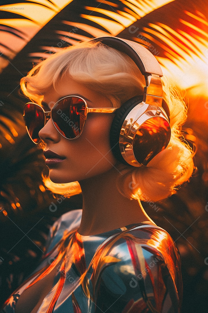 Mulher loira com fones de ouvido posando à noite com o sol