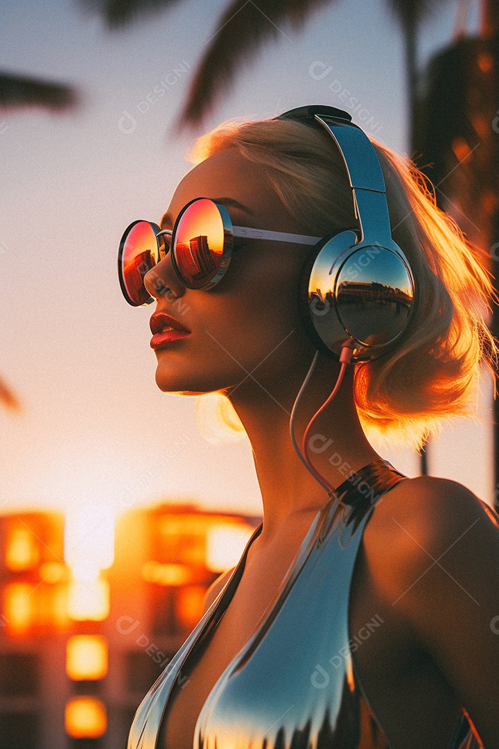 Mulher loira com fones de ouvido posando à noite com o sol