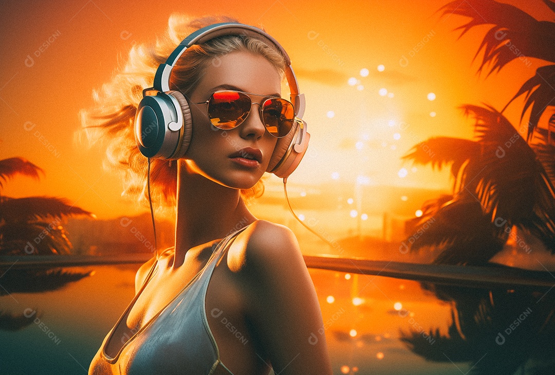 Mulher loira com fones de ouvido posando à noite com o sol