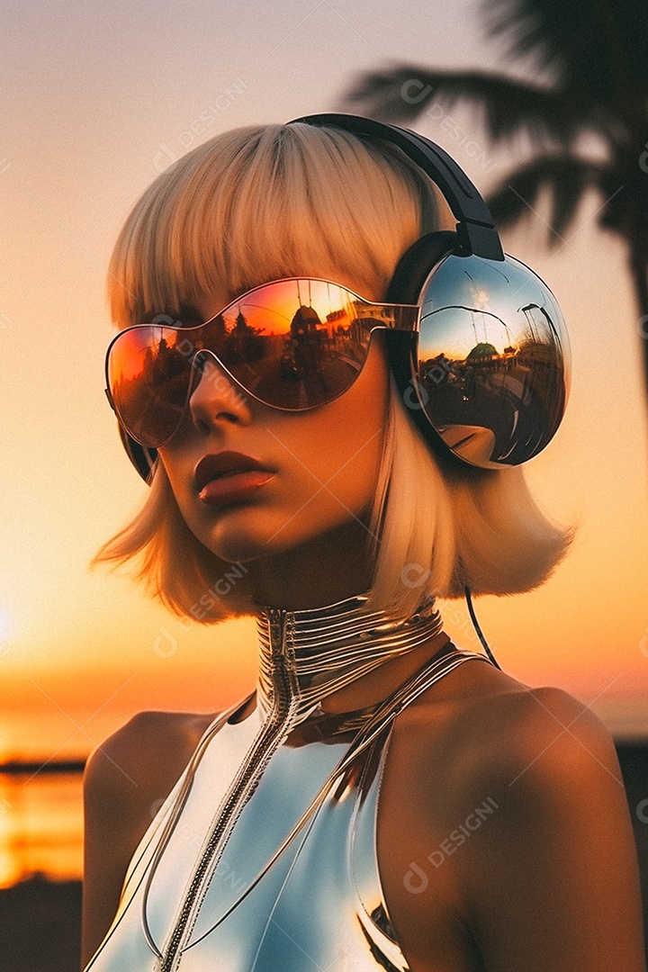 Mulher loira com fones de ouvido posando à noite com o sol