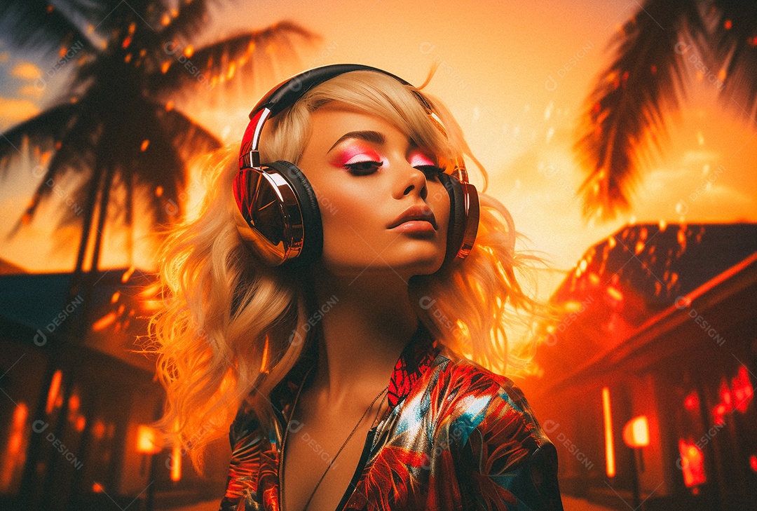 Mulher loira com fones de ouvido posando à noite com o sol