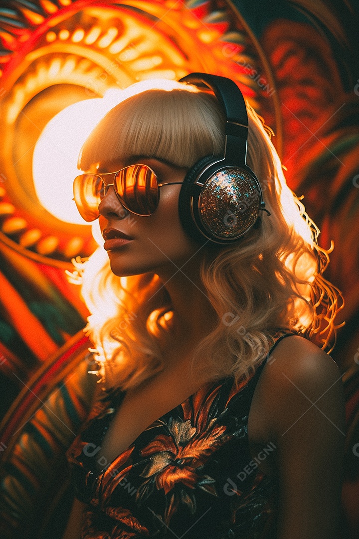 Mulher loira com fones de ouvido posando à noite com o sol