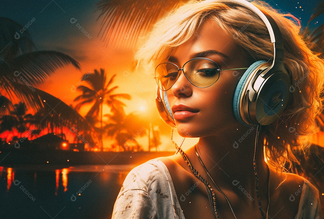 Mulher loira com fones de ouvido posando à noite com o sol