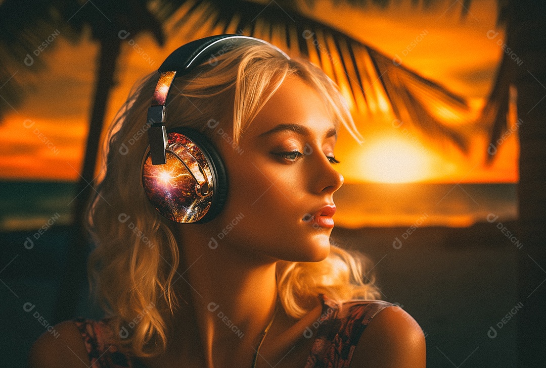 Mulher loira com fones de ouvido posando à noite com o sol