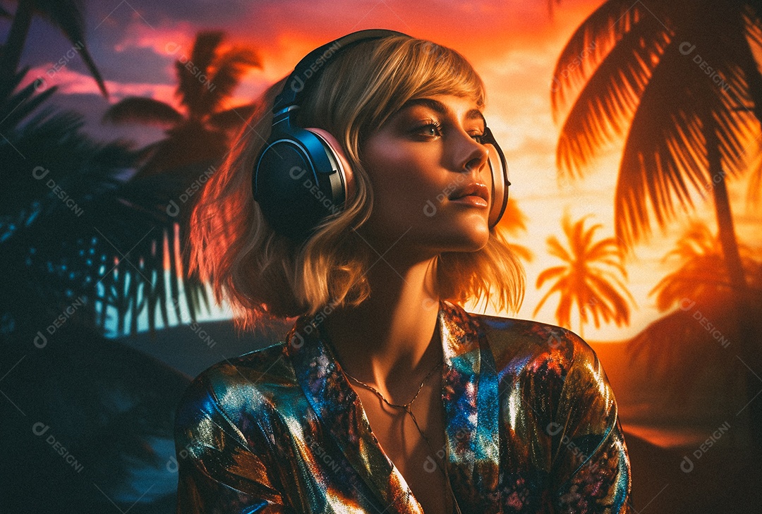 Mulher loira com fones de ouvido posando à noite com o sol