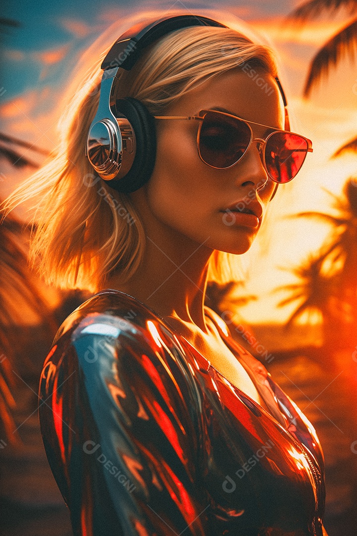 Mulher loira com fones de ouvido posando à noite com o sol