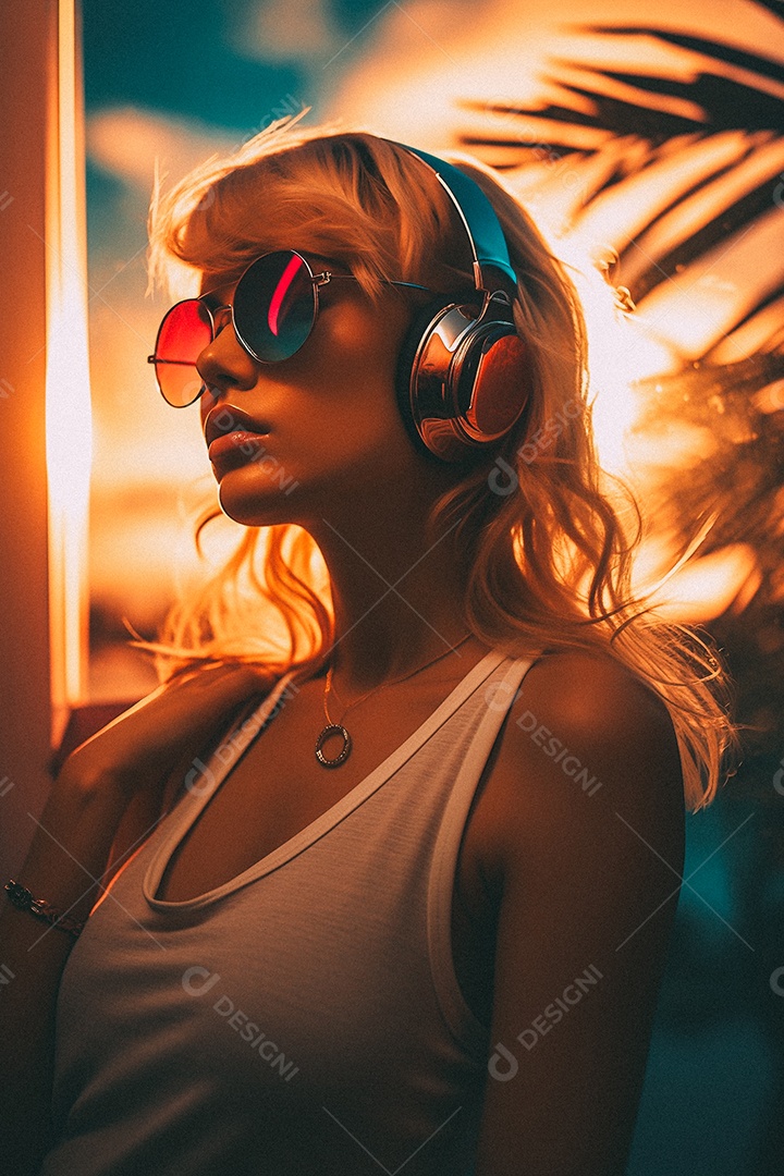 Mulher loira com fones de ouvido posando à noite com o sol