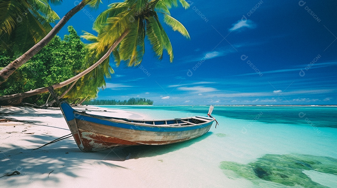 Praia tropical e palmeiras, Maldivas, Oceano Índico, ao pôr do sol