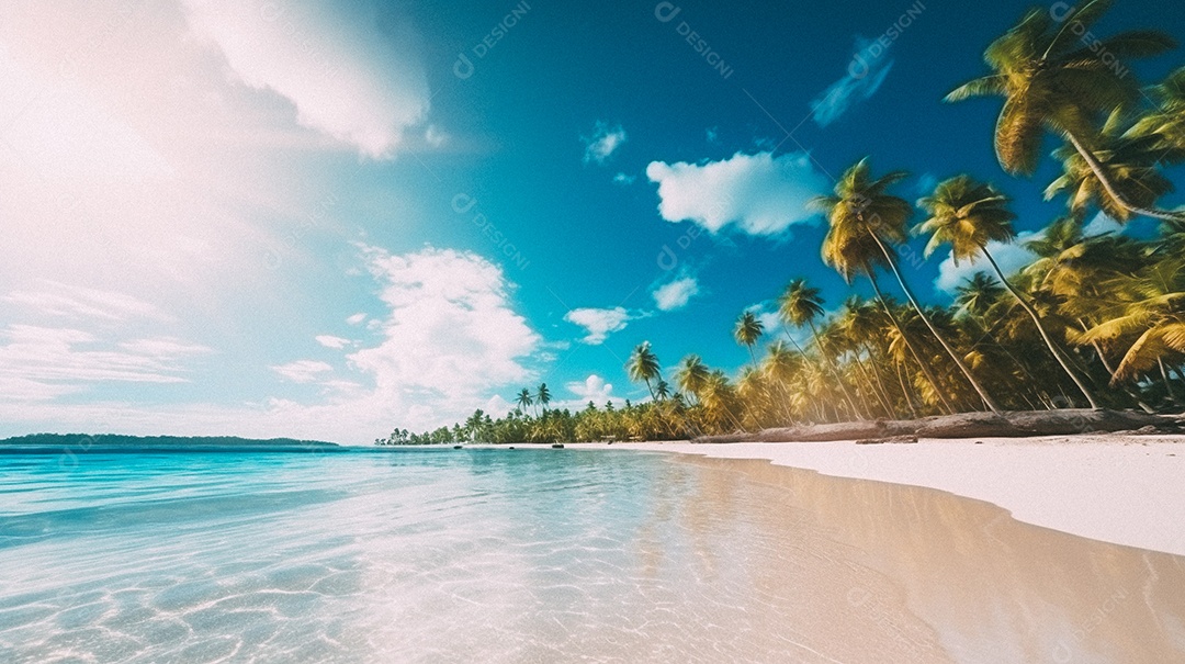 Praia tropical e palmeiras, Maldivas, Oceano Índico, ao pôr do sol