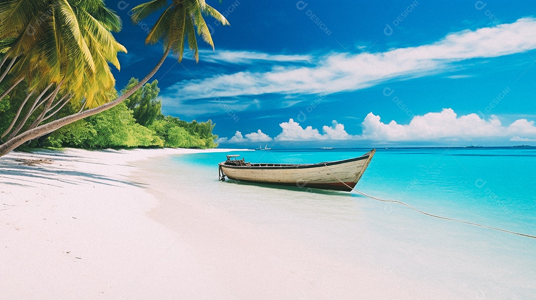 Praia tropical e palmeiras, Maldivas, Oceano Índico, ao pôr do sol