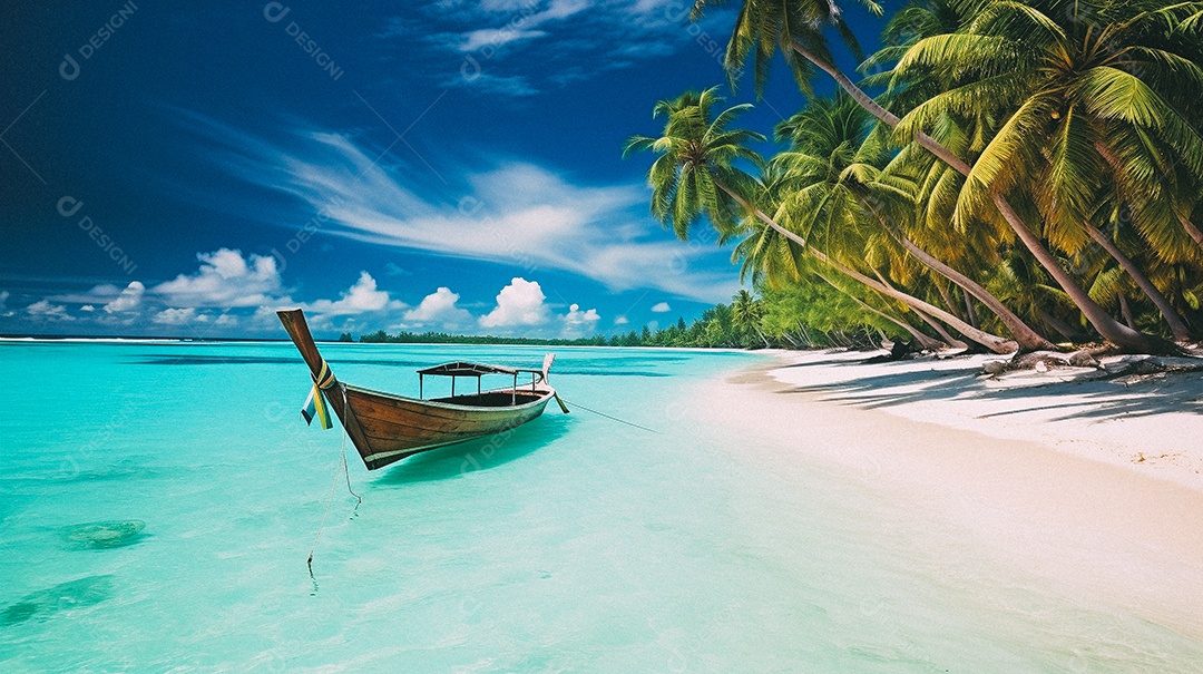 Praia tropical e palmeiras, Maldivas, Oceano Índico, ao pôr do sol