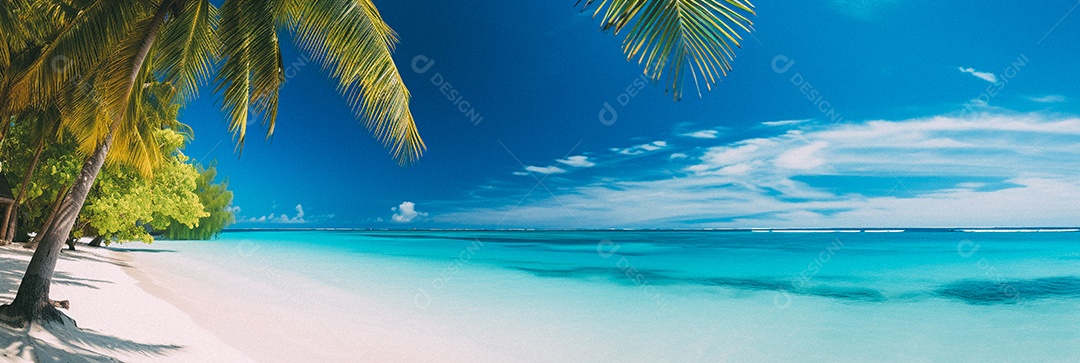 Praia tropical e palmeiras, Maldivas, Oceano Índico, ao pôr do sol