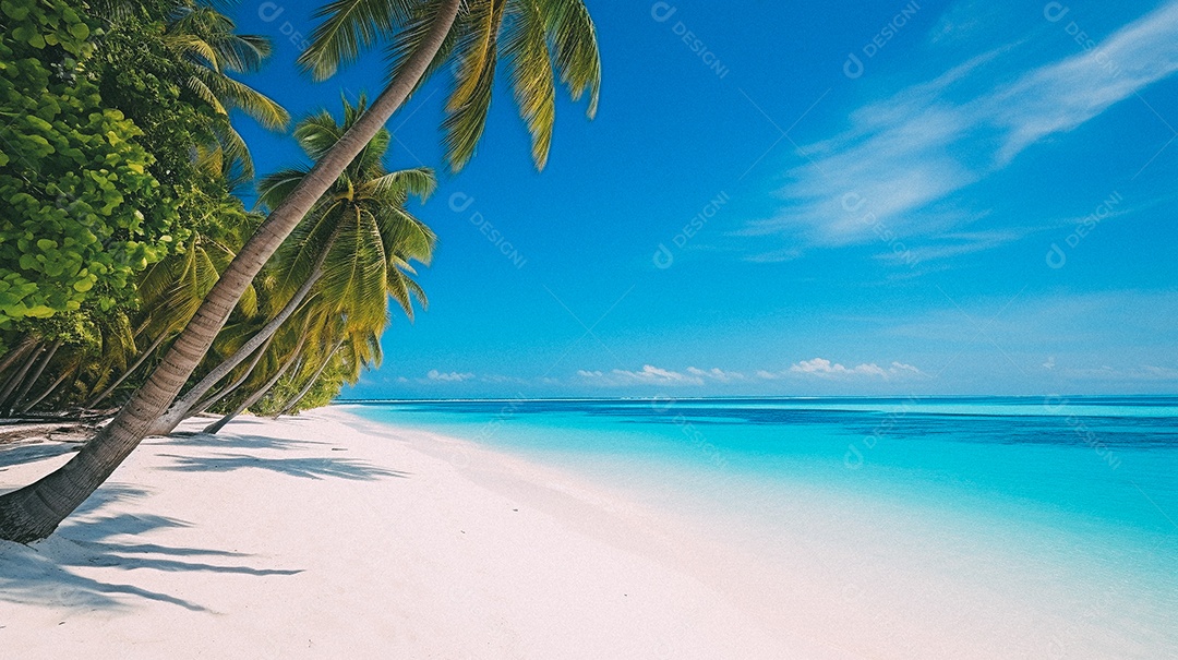 Praia tropical e palmeiras, Maldivas, Oceano Índico, ao pôr do sol