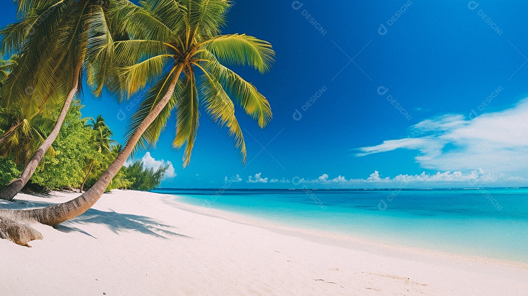 Praia tropical e palmeiras, Maldivas, Oceano Índico, ao pôr do sol