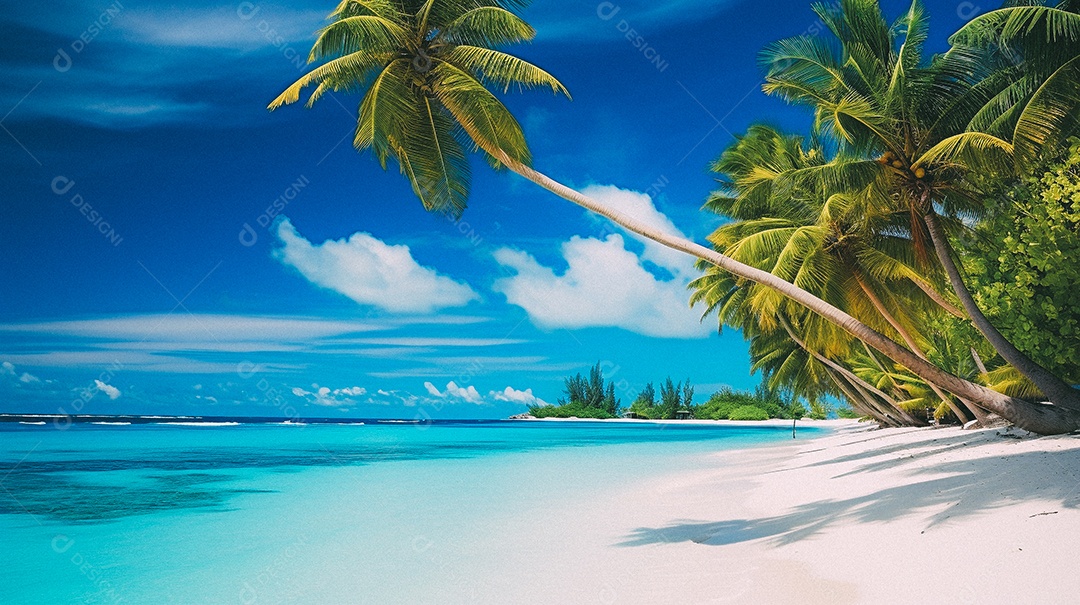 Praia tropical e palmeiras, Maldivas, Oceano Índico, ao pôr do sol