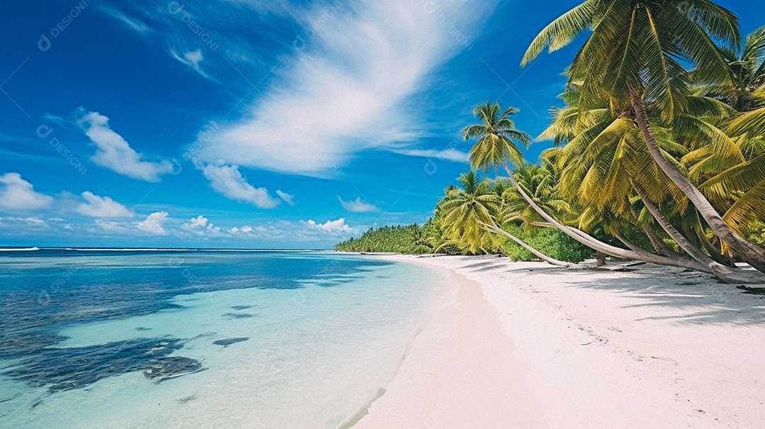 Praia tropical e palmeiras, Maldivas, Oceano Índico, ao pôr do sol