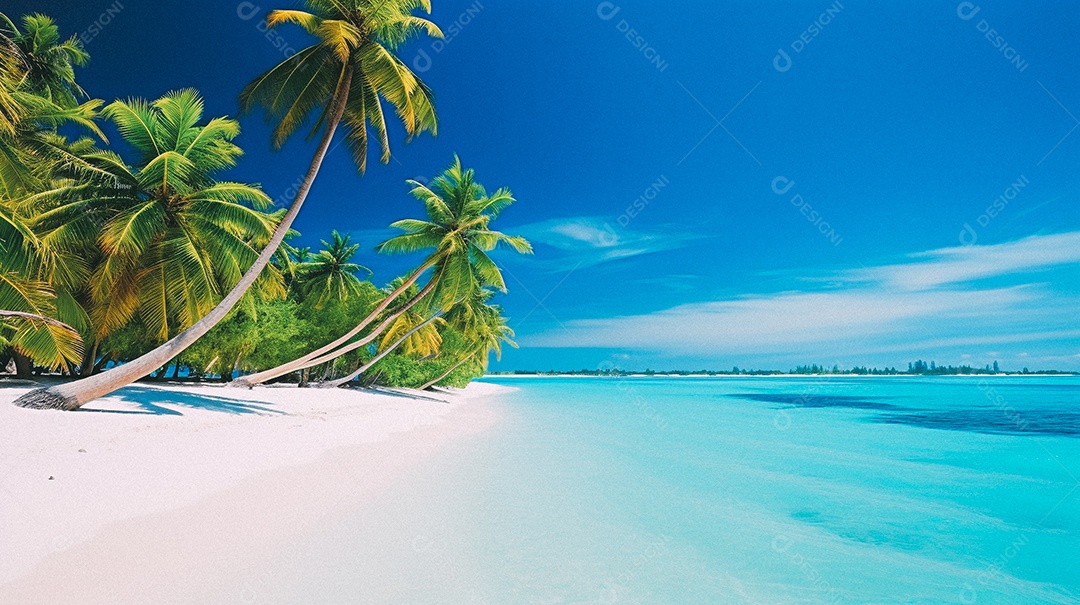 Praia tropical e palmeiras, Maldivas, Oceano Índico, ao pôr do sol