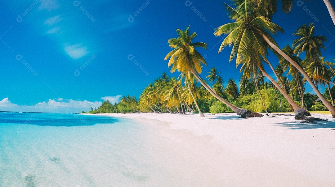 Praia tropical e palmeiras, Maldivas, Oceano Índico, ao pôr do sol