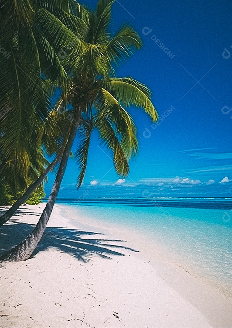 Praia tropical e palmeiras, Maldivas, Oceano Índico, ao pôr do sol