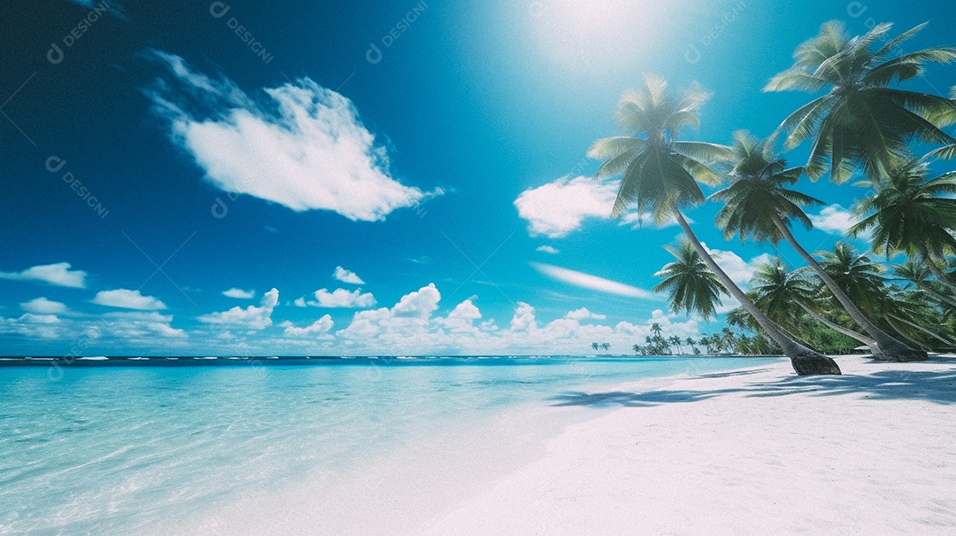 Praia tropical e palmeiras, Maldivas, Oceano Índico, ao pôr do sol