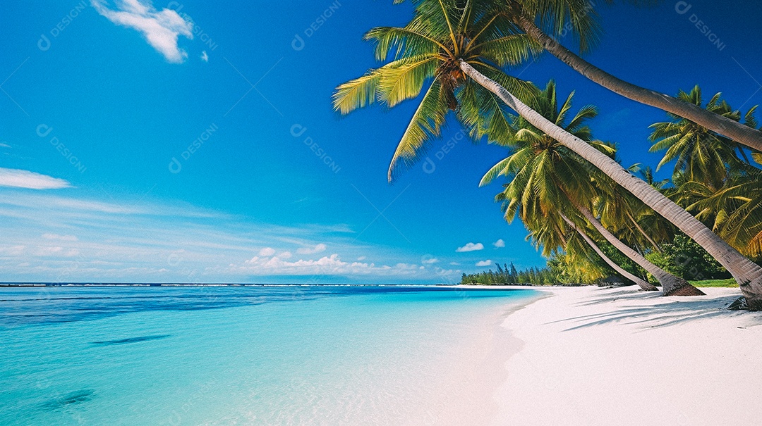 Praia tropical e palmeiras, Maldivas, Oceano Índico, ao pôr do sol