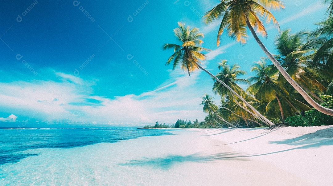 Praia tropical e palmeiras, Maldivas, Oceano Índico, ao pôr do sol