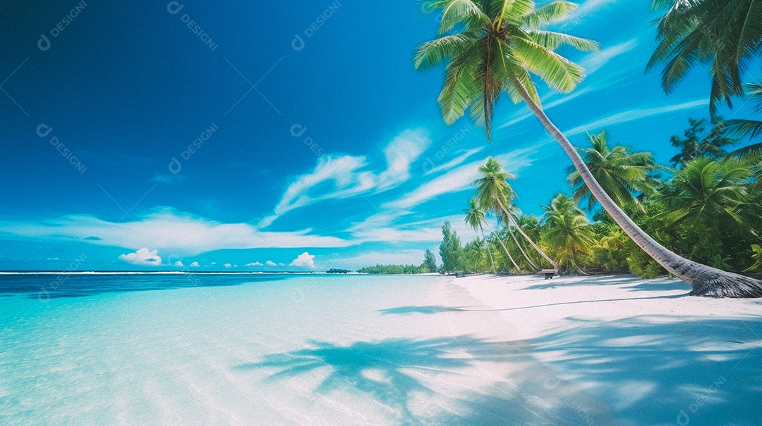 Praia tropical e palmeiras, Maldivas, Oceano Índico, ao pôr do sol