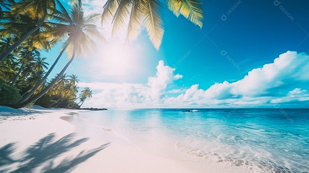 Praia tropical e palmeiras, Maldivas, Oceano Índico, ao pôr do sol