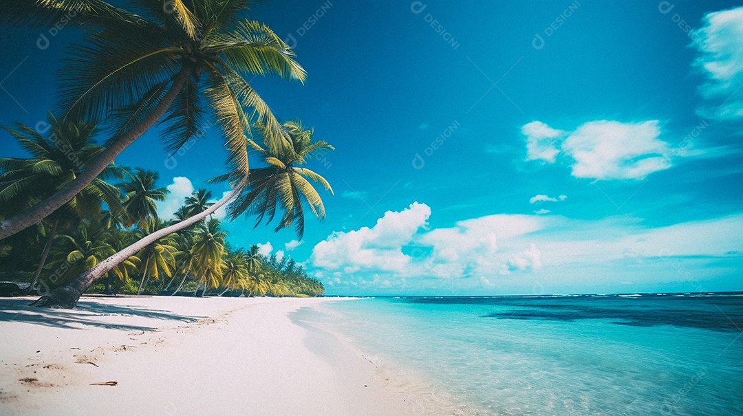 Praia tropical e palmeiras, Maldivas, Oceano Índico, ao pôr do sol