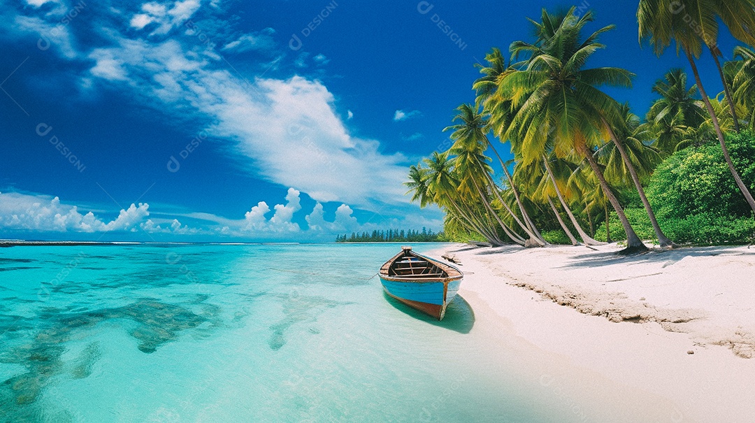 Praia tropical e palmeiras, Maldivas, Oceano Índico, ao pôr do sol