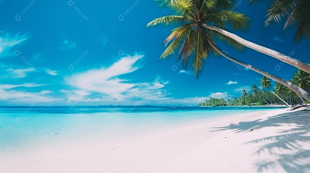 Praia tropical e palmeiras, Maldivas, Oceano Índico, ao pôr do sol