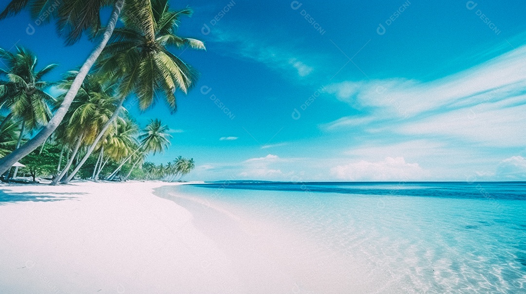 Praia tropical e palmeiras, Maldivas, Oceano Índico, ao pôr do sol