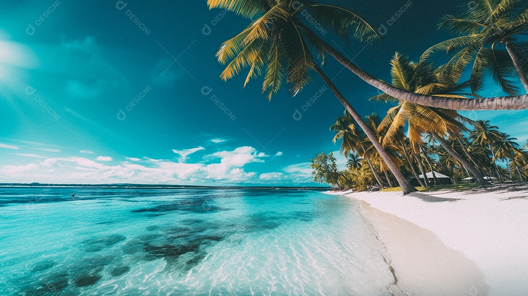 Praia tropical e palmeiras, Maldivas, Oceano Índico