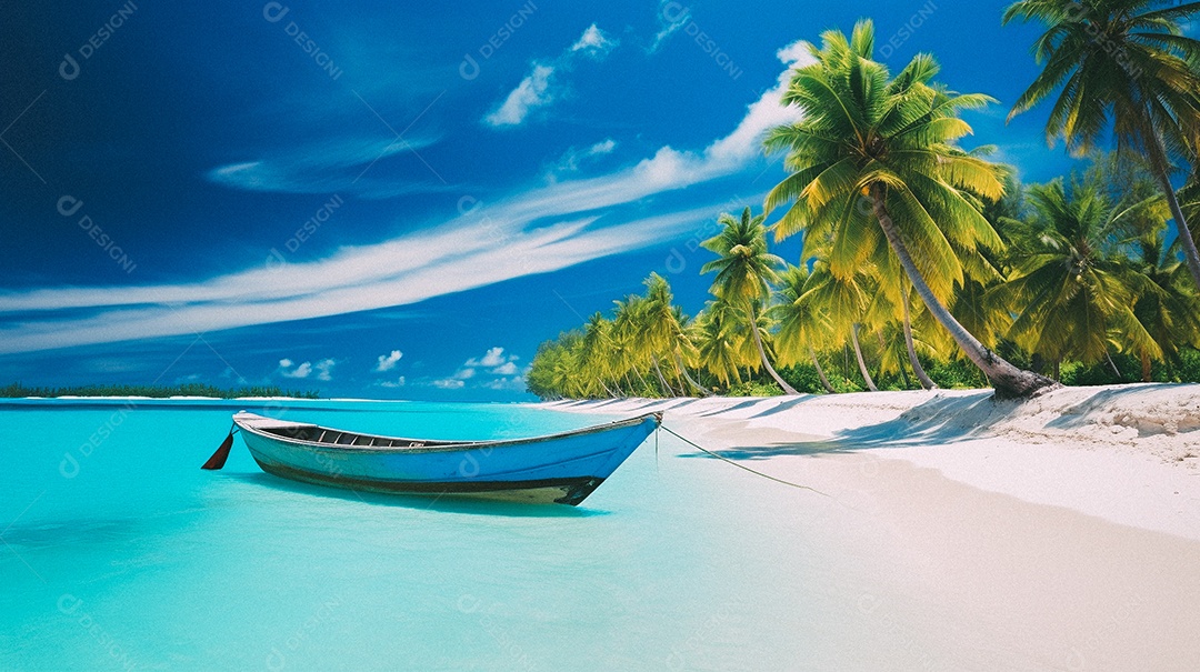 Praia tropical e palmeiras, Maldivas, Oceano Índico