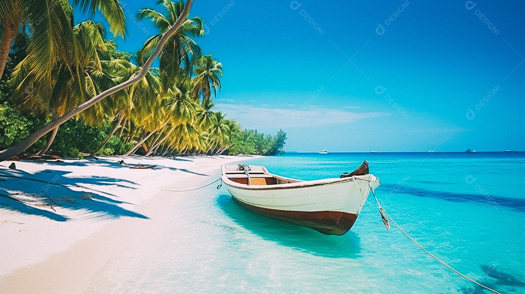 Praia tropical e palmeiras, Maldivas, Oceano Índico