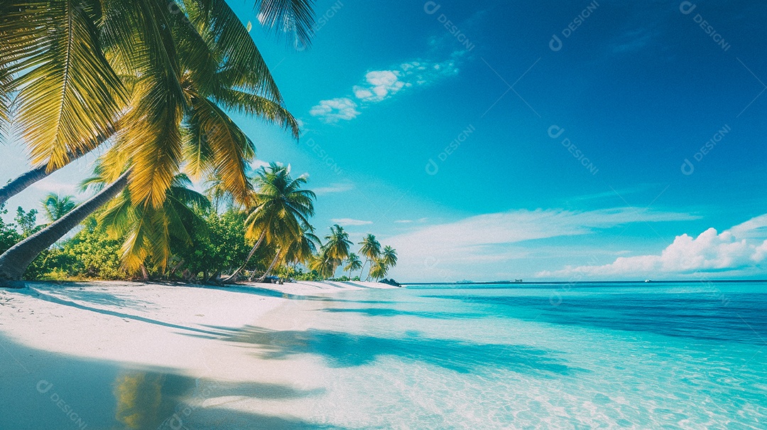 Praia tropical e palmeiras, Maldivas, Oceano Índico