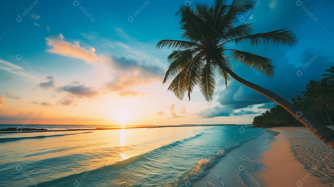 Praia tropical e palmeiras, Maldivas, Oceano Índico