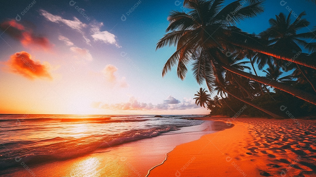Praia tropical e palmeiras, Maldivas, Oceano Índico, ao pôr do sol