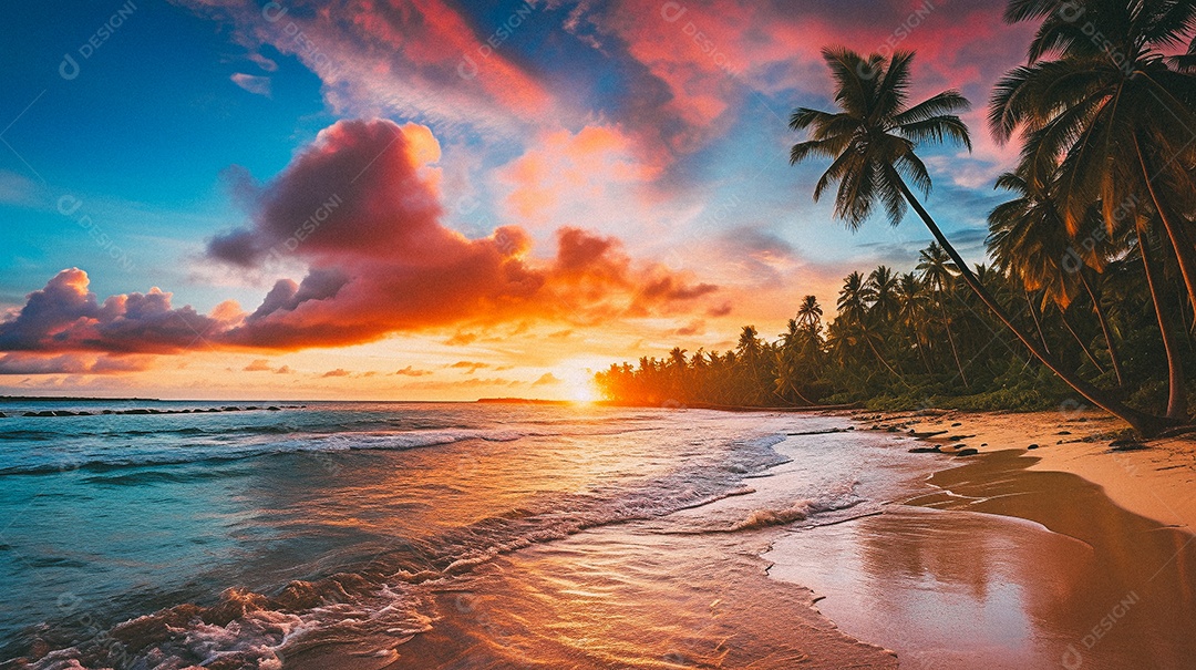 Praia tropical e palmeiras, Maldivas, Oceano Índico, ao pôr do sol