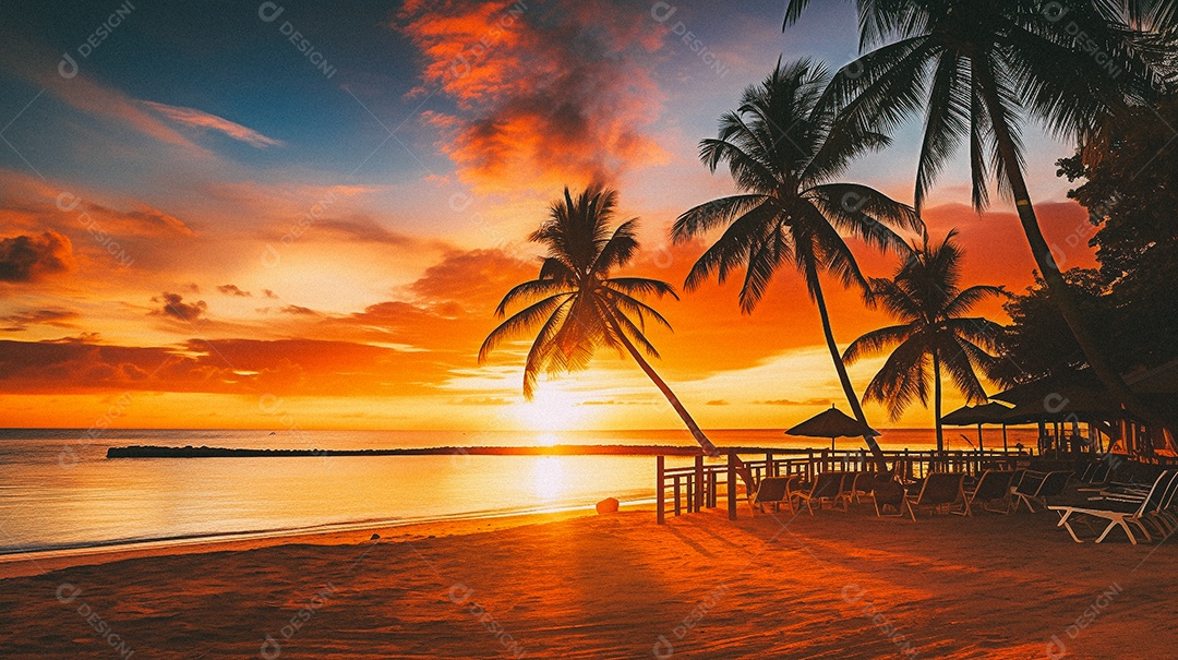 Praia tropical e palmeiras, Maldivas, Oceano Índico, ao pôr do sol