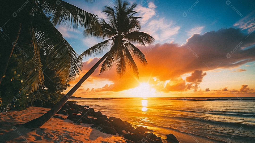 Praia tropical e palmeiras, Maldivas, Oceano Índico, ao pôr do sol