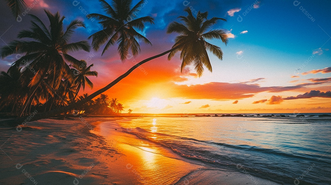 Praia tropical e palmeiras, Maldivas, Oceano Índico, ao pôr do sol