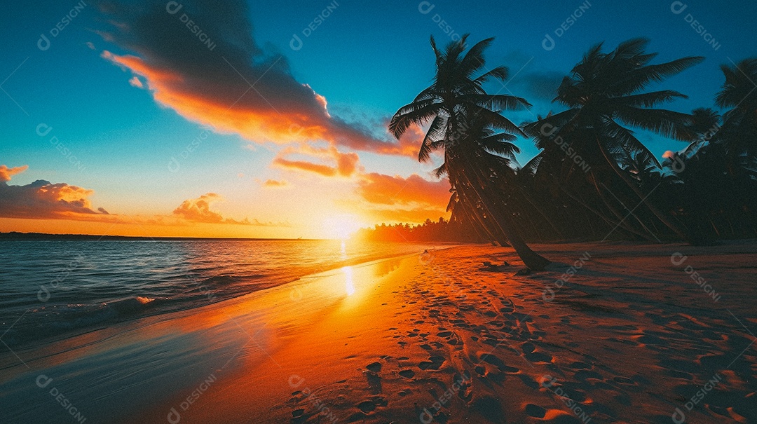 Praia tropical e palmeiras, Maldivas, Oceano Índico, ao pôr do sol