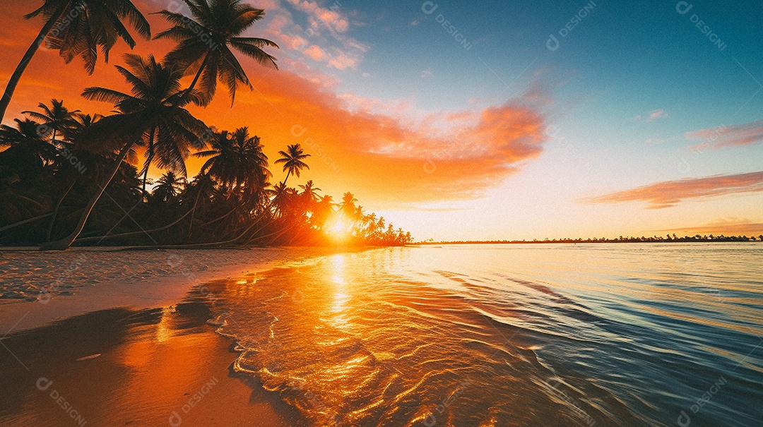 Praia tropical e palmeiras, Maldivas, Oceano Índico, ao pôr do sol