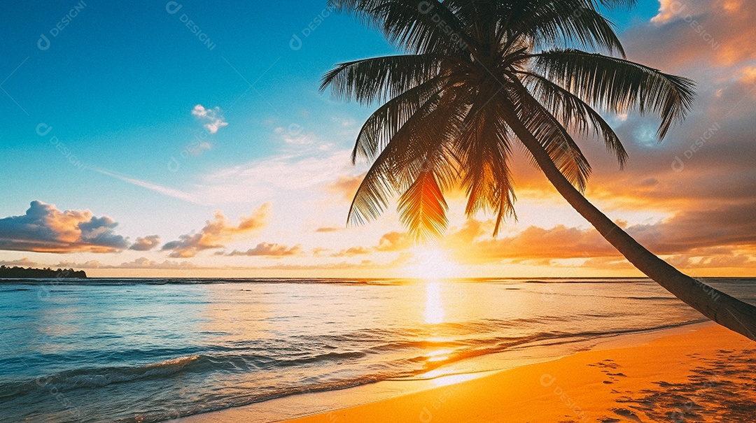 Praia tropical e palmeiras, Maldivas, Oceano Índico, ao pôr do sol