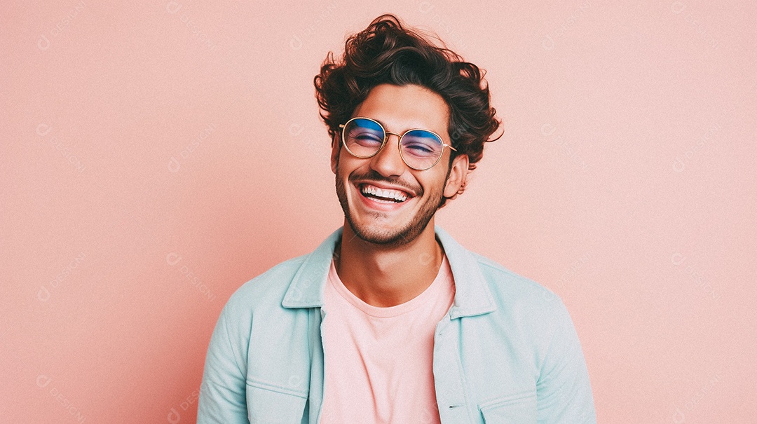 Um homem jovem e moderno, sorridente, entusiasmado, estúdio, fundo em cor pastel