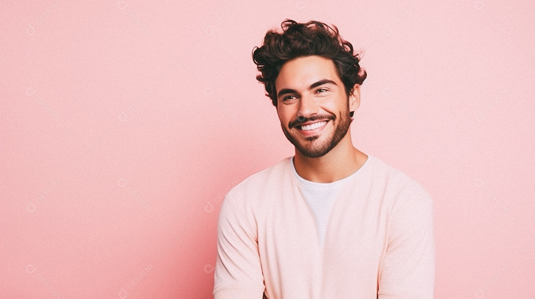 Um homem jovem e moderno, sorridente, entusiasmado, estúdio, fundo em cor pastel