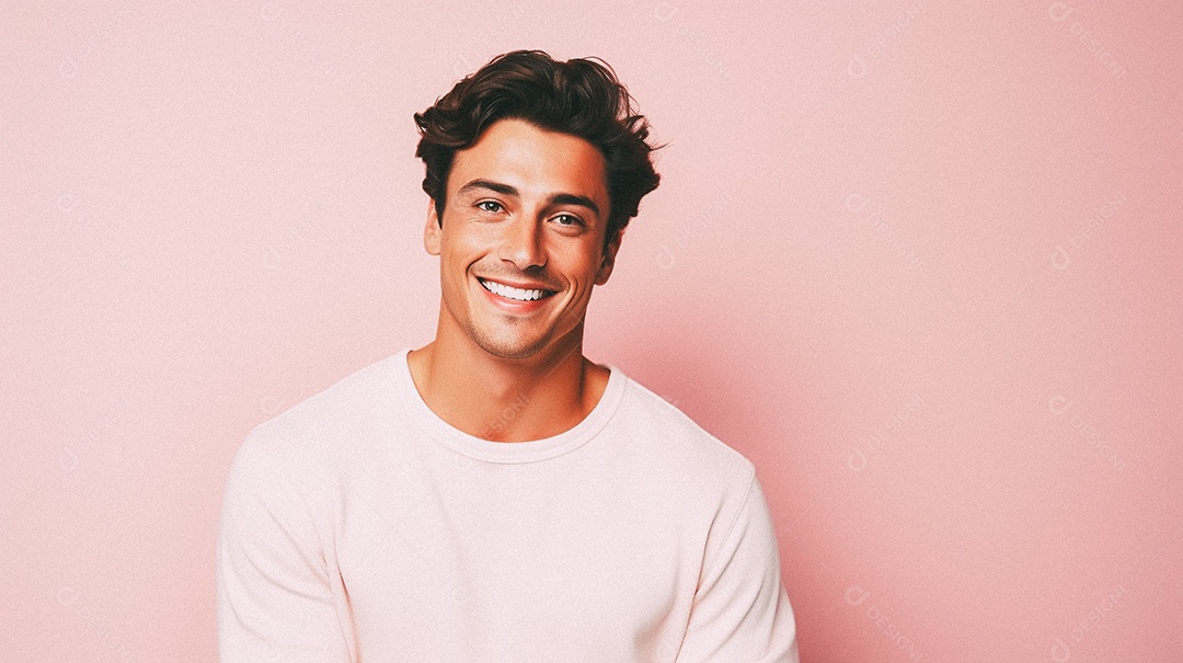 Um homem jovem e moderno, sorridente, entusiasmado, estúdio, fundo em cor pastel